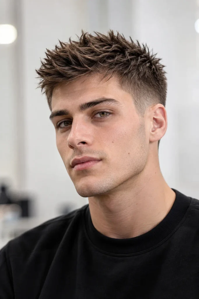 Man with a short spiky crop haircut adding texture to fine hair