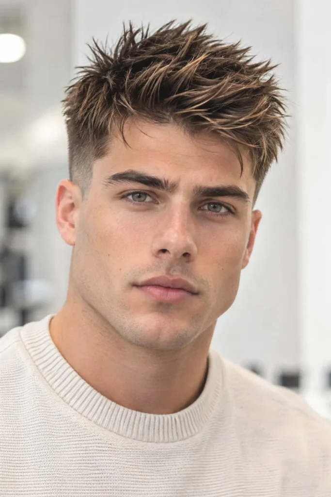 Man with spiky textured top haircut and mid fade for a triangle face shape