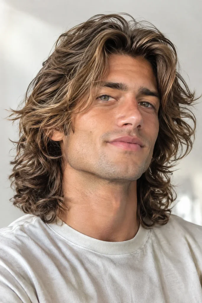 Man with surfer-inspired long layered wavy hair