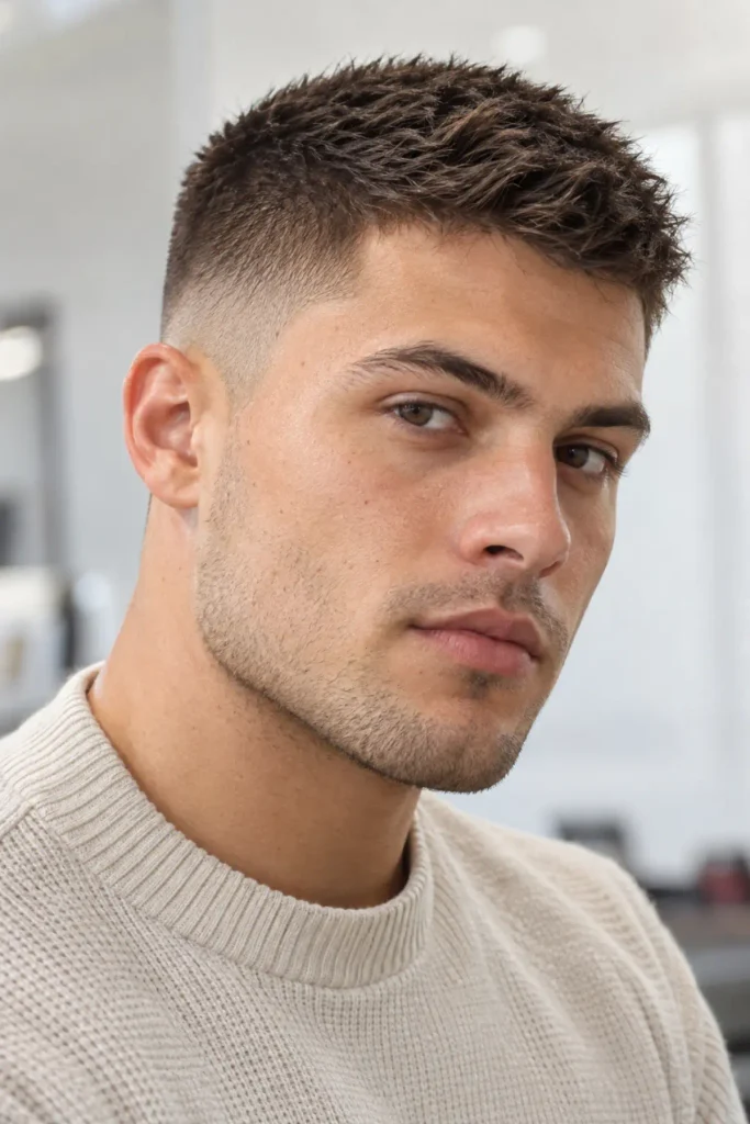Textured buzz cut with length on top for men with a triangle face shape