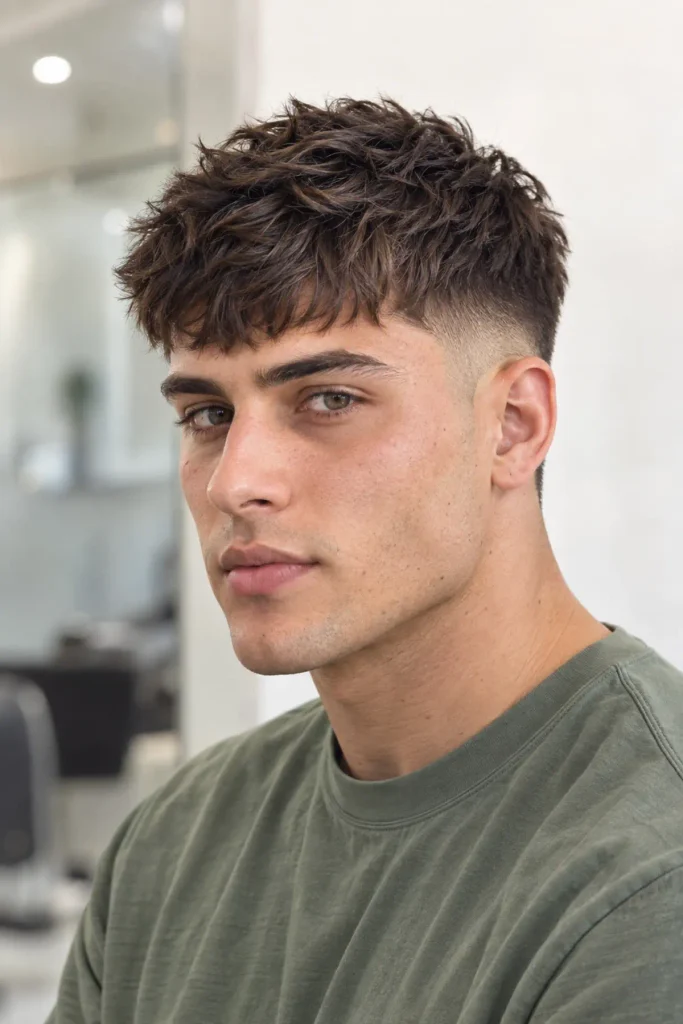 Man with a triangle face shape wearing a textured French crop haircut with a low taper fade