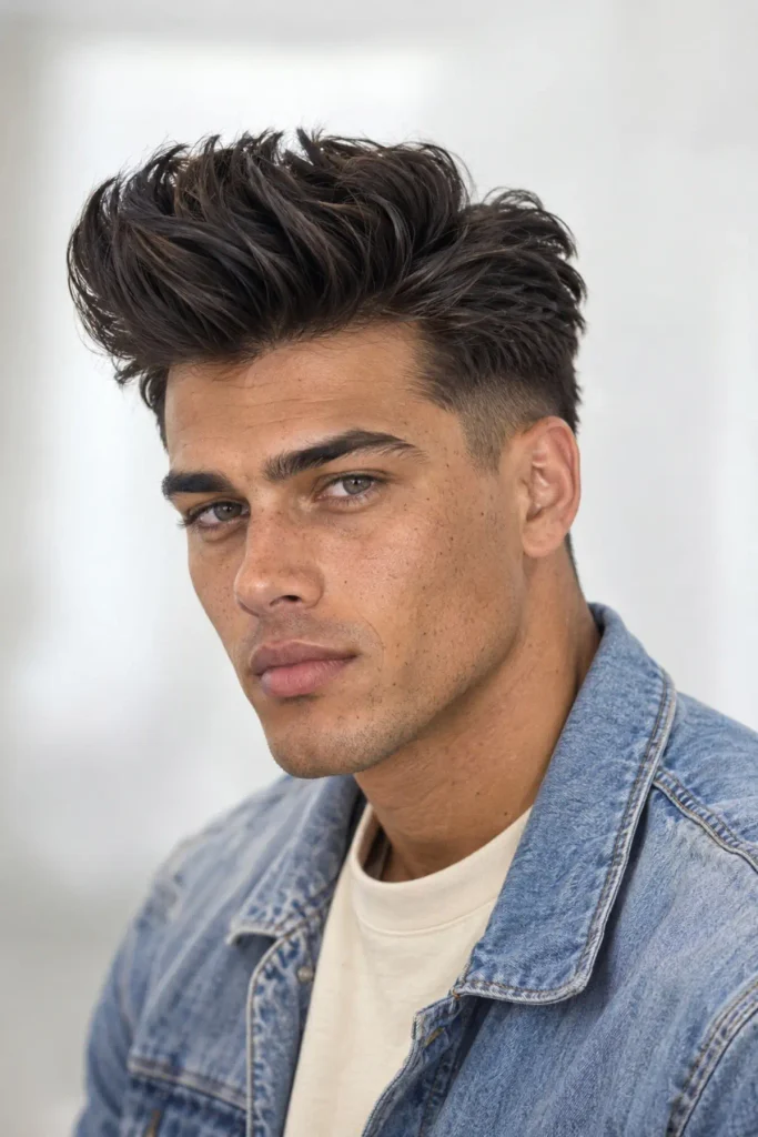 Textured pompadour haircut with medium length volume on top