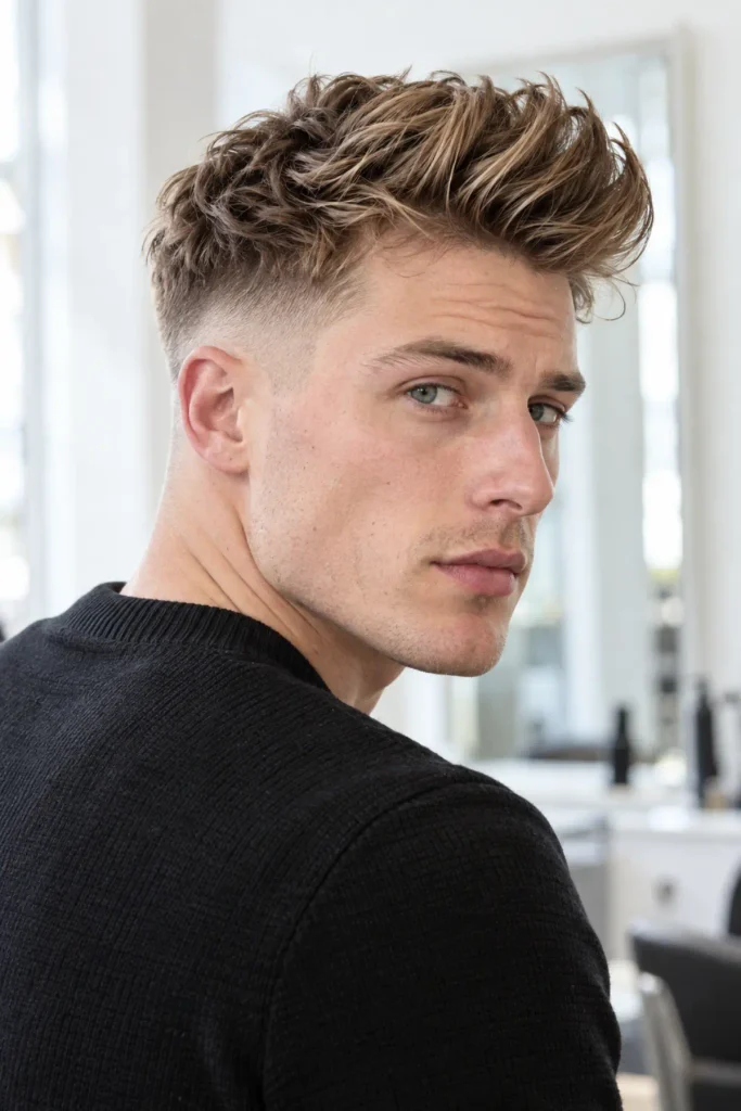 Textured quiff hairstyle with high fade for men with a triangle face shape