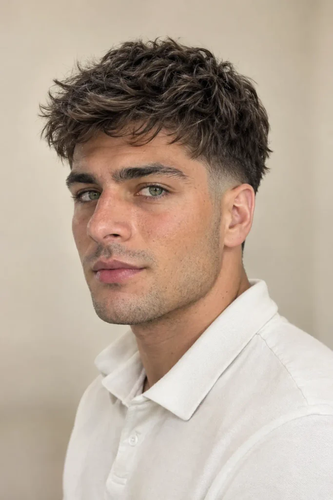 Textured taper fade haircut with layered medium top for men