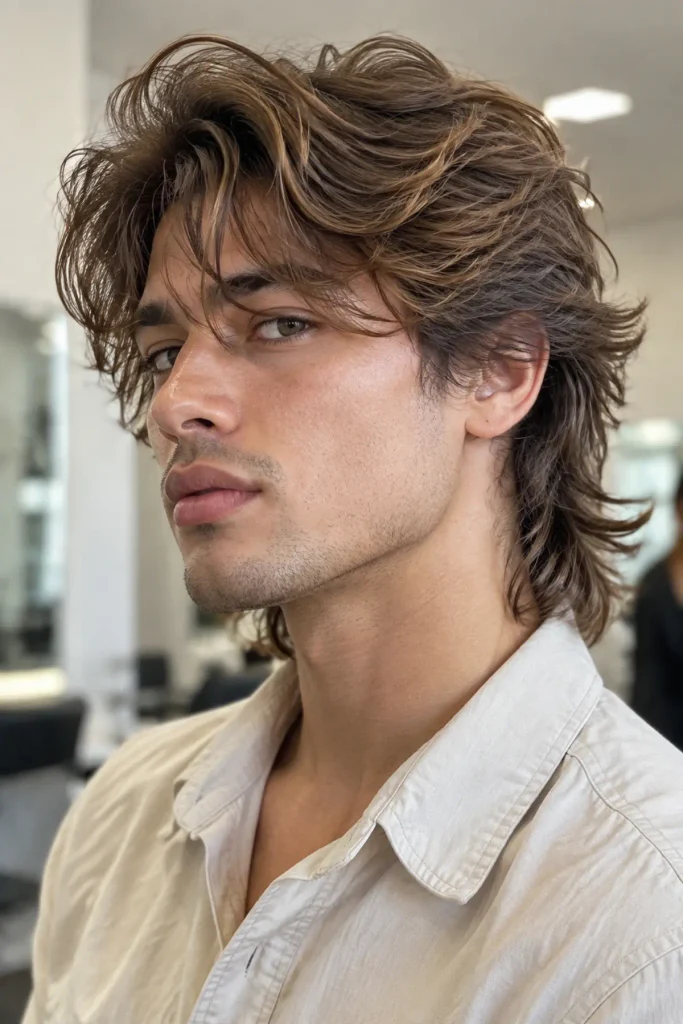 Textured wolf cut for men with razor-cut layers and defined movement