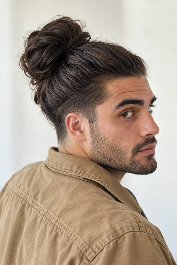 Man bun hairstyle for men with thick coarse long hair and tapered sides