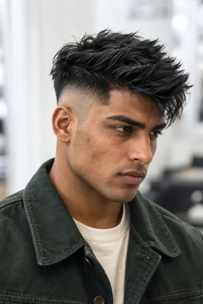 Disconnected undercut with textured top for a triangle face shape man