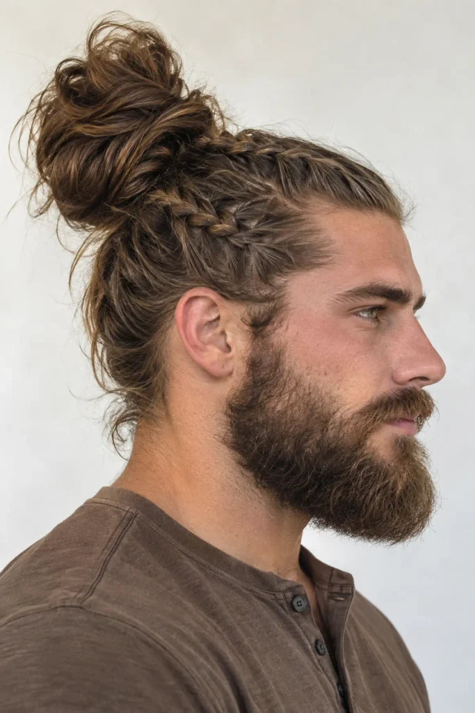 Viking man bun hairstyle for men with long hair and a rugged braided look