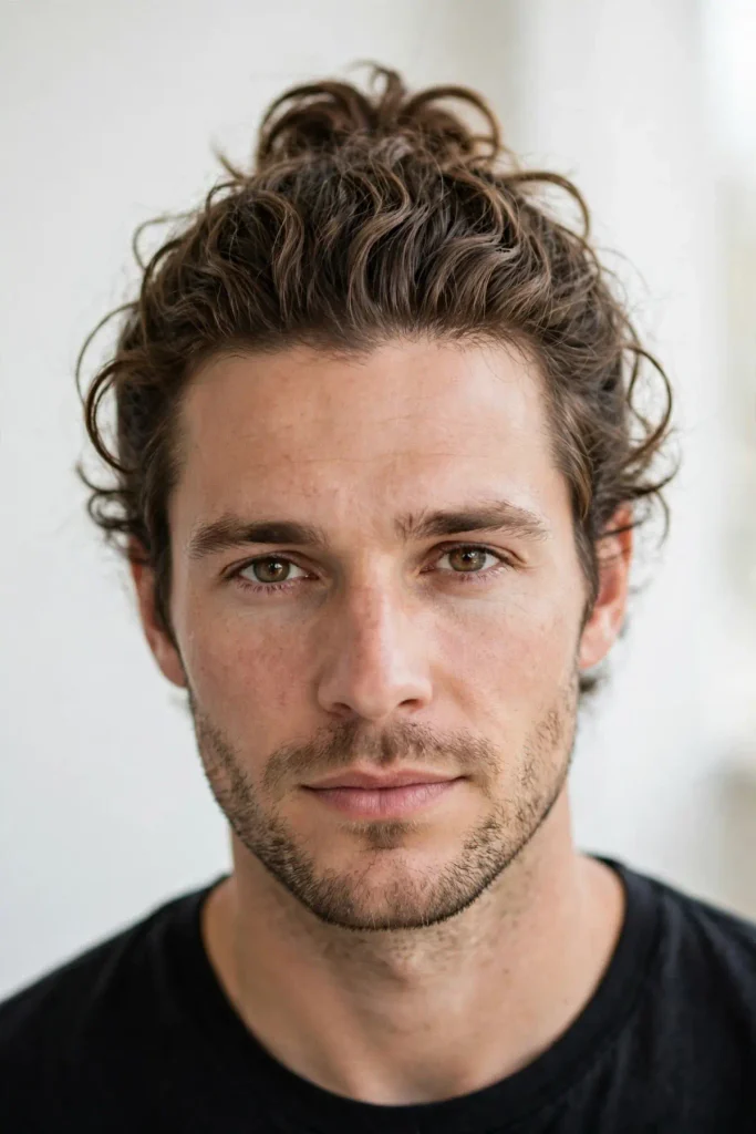 Wavy man bun hairstyle for men with long naturally textured wavy hair