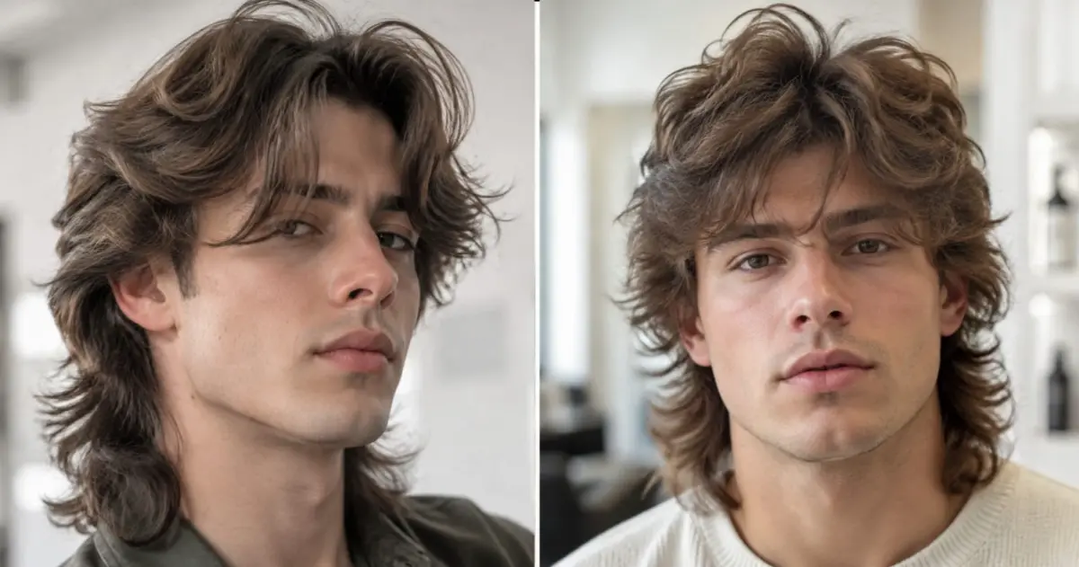 Men's wolf cut with choppy layers, textured volume, and longer feathered back