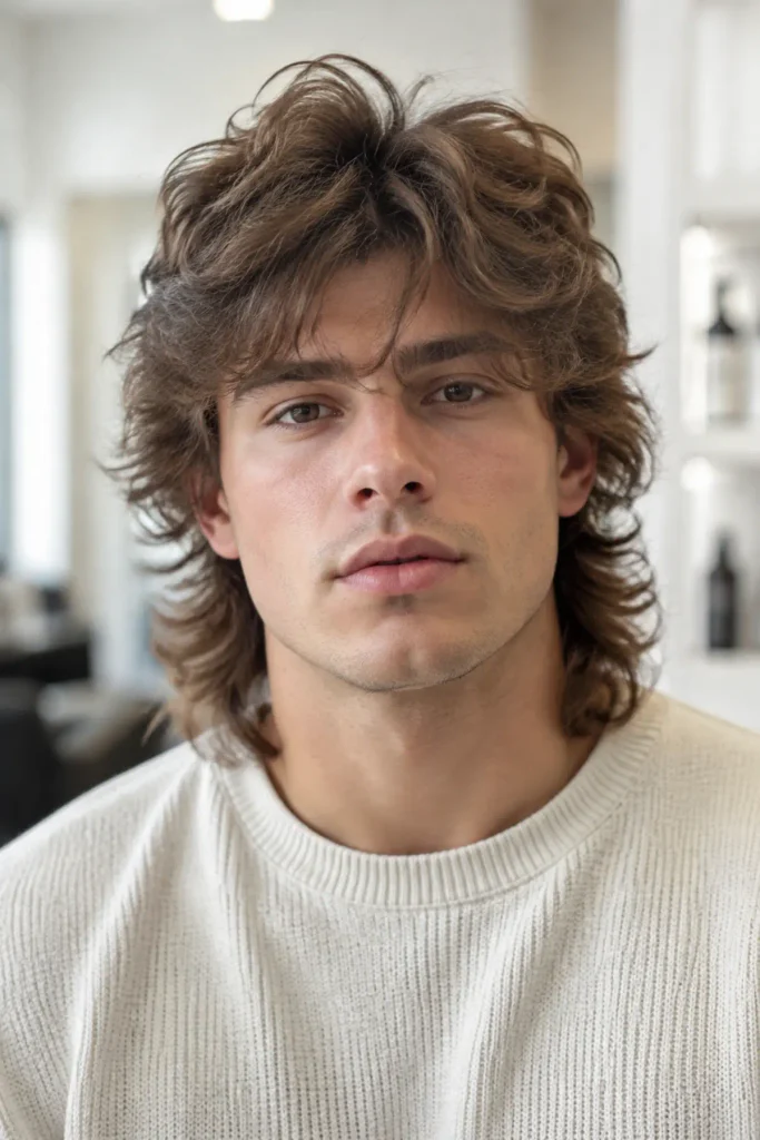 Men's wolf cut mullet with choppy layers and a longer feathered back