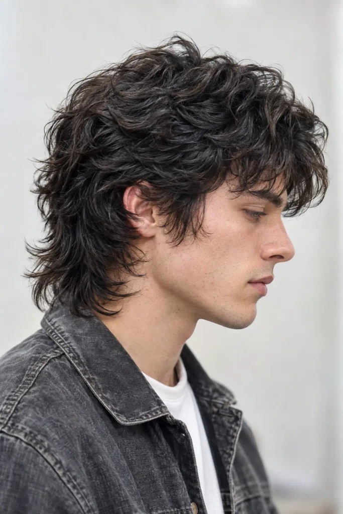 Man with shaggy wolf cut hairstyle, medium length layers