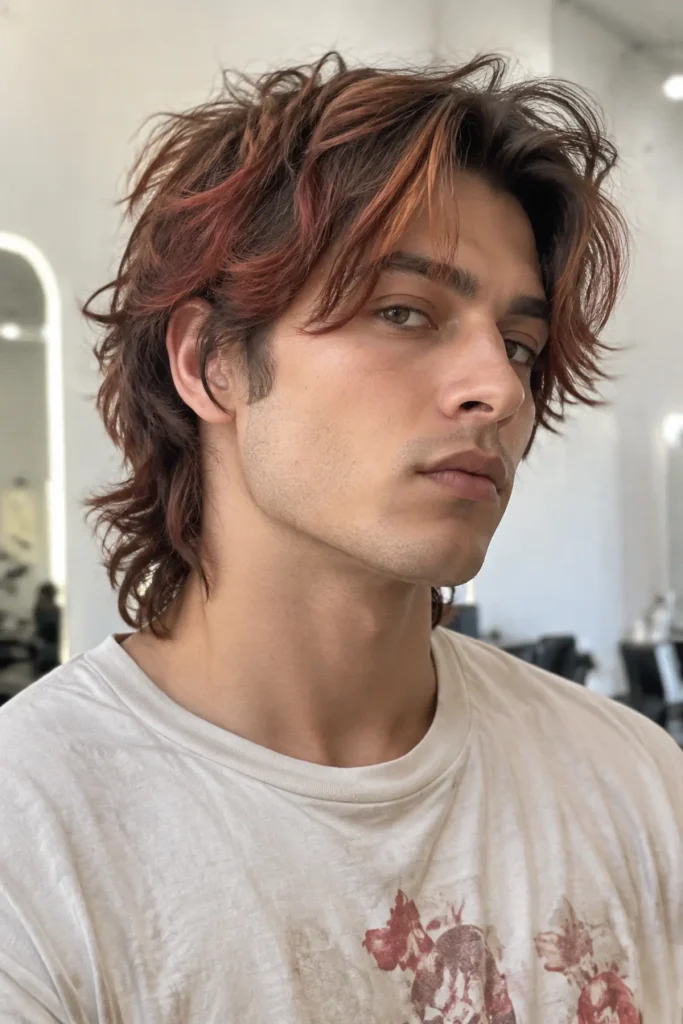 Men's wolf cut with choppy layers and subtle copper-brown highlights