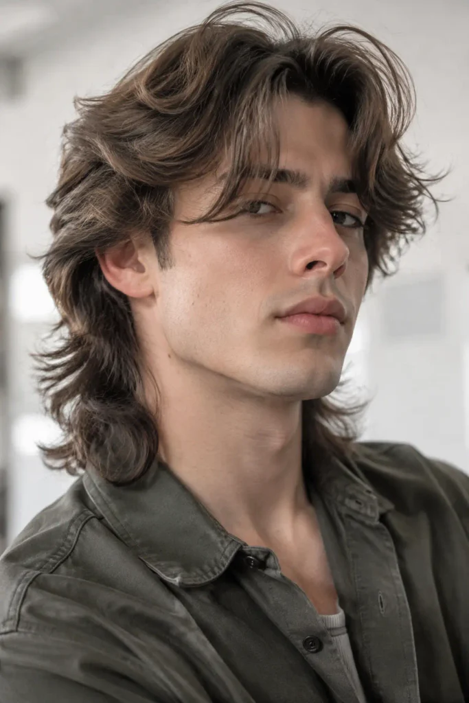 Men's wolf cut with curtain bangs and soft face-framing layers