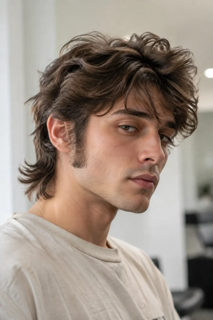 Men's wolf cut with longer sideburns and textured feathered layers