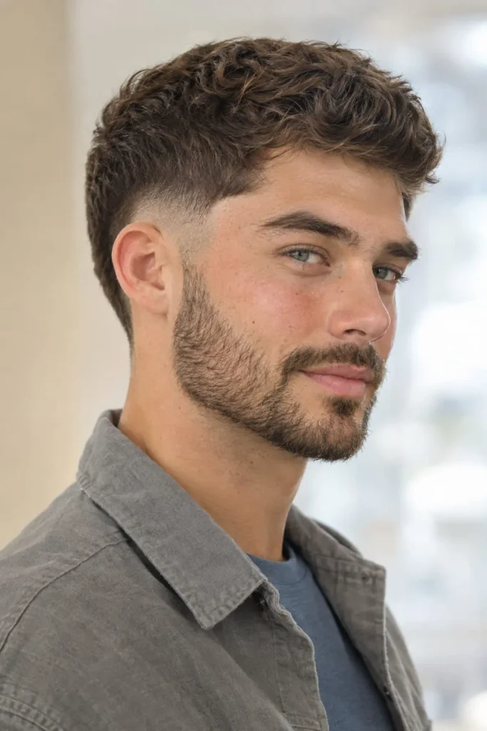 Man with a burst fade curving around the ear and connecting into a trimmed beard, side view