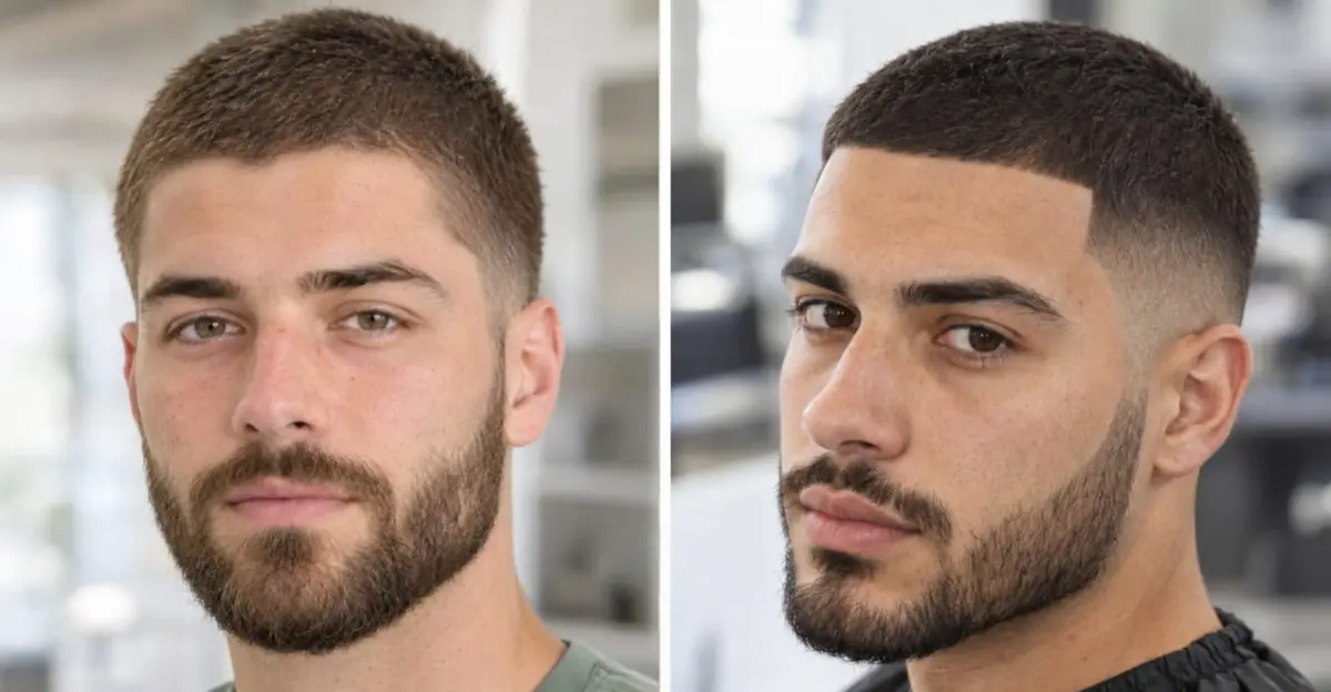 Buzz cut fade with beard on a man — sharp faded sides blended into a full beard, complete 2026 style guide