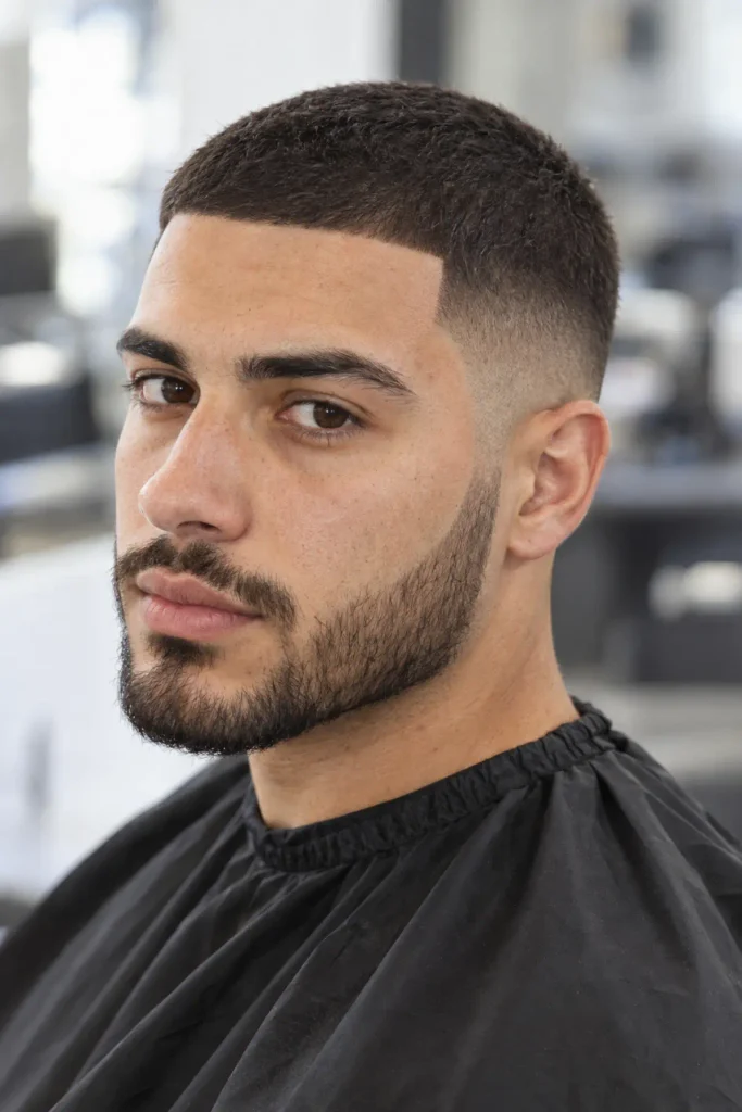 Man with a buzz cut fade and crisp line up edges on the hairline and beard