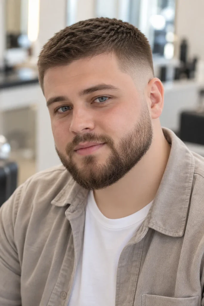 Man with a round face wearing a low fade buzz cut and chin-length beard adding facial length