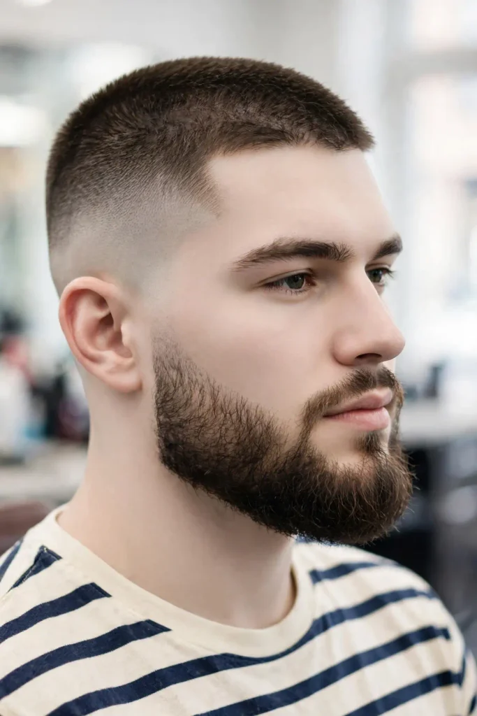 Man with a square jaw wearing a high fade buzz cut and tight-sided beard