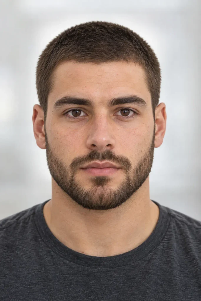 Man with a short buzz cut and sharply lined boxed beard with geometric cheek lines, front view