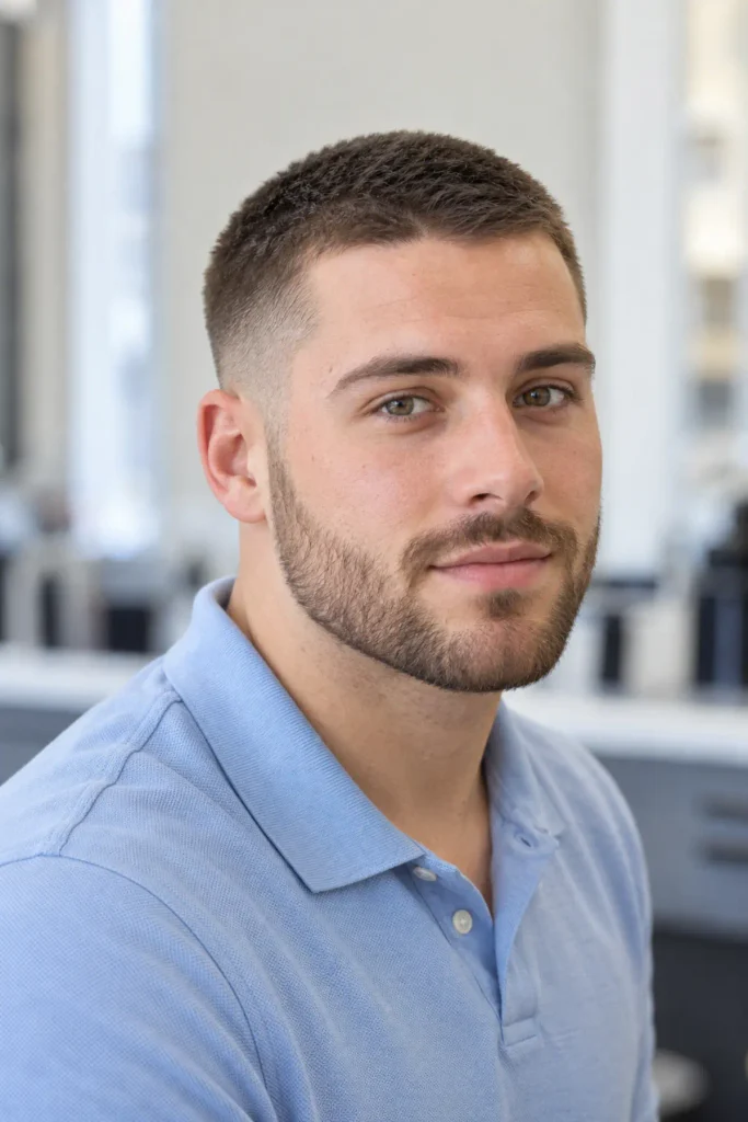 Man with a neat buzz cut and short corporate beard, clean workplace grooming, front view