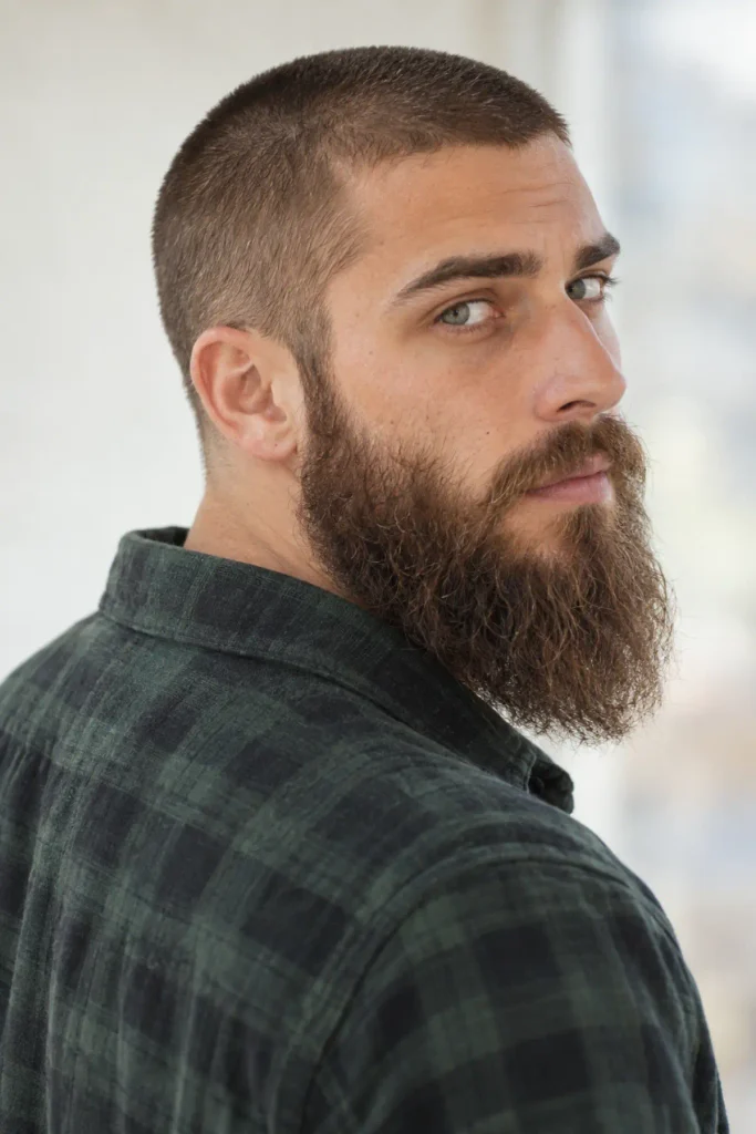 Man with a number 1 buzz cut on top contrasted against a long full beard,