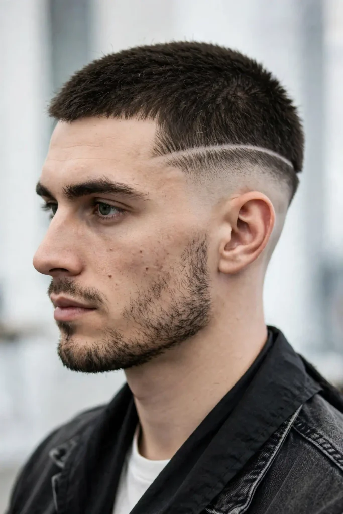 Man with a disconnected buzz cut showing a hard visible line above faded sides and a beard