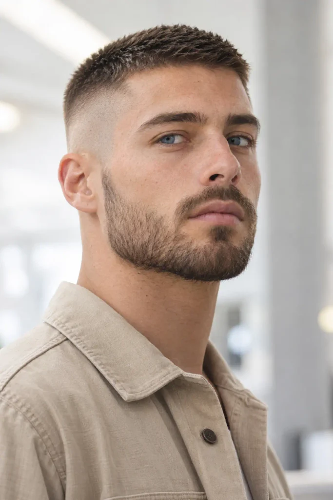 Man with a military-inspired high and tight buzz cut and well-groomed beard
