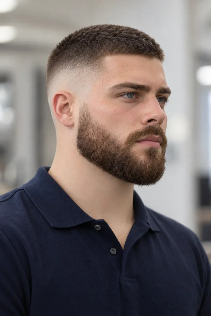 Man with a high fade buzz cut starting above the temple paired with a thick full beard, side view