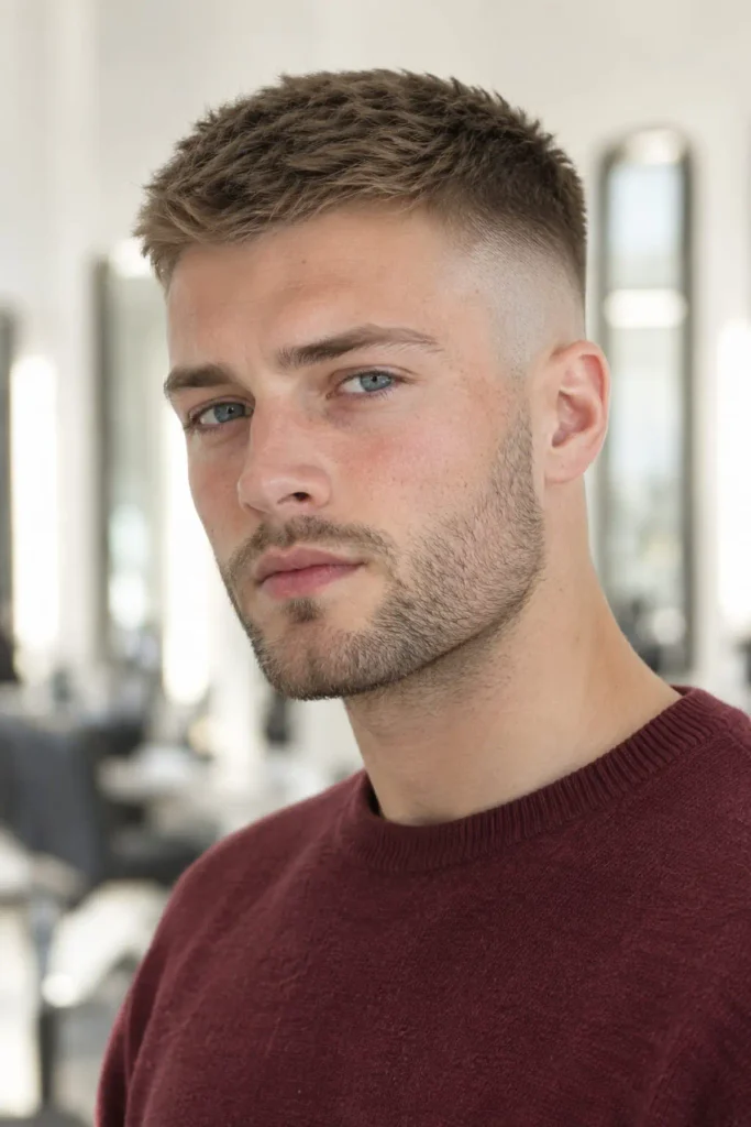 Man with a sharp high contrast fade buzz cut and casual unshaped heavy stubble, front view