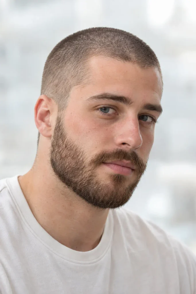 Man with an induction buzz cut close to the scalp balanced by a fuller beard