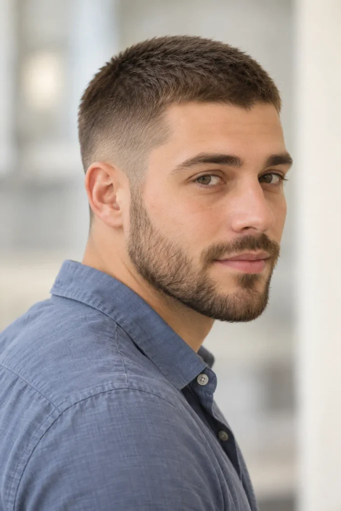 Man with a soft low contrast buzz cut fade and neatly trimmed beard, subtle mature look