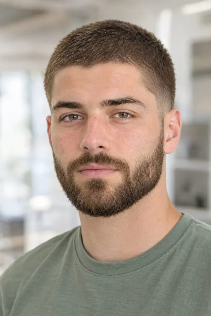 Man with a buzz cut low fade blending above the ear into a thick full beard, side profile view
