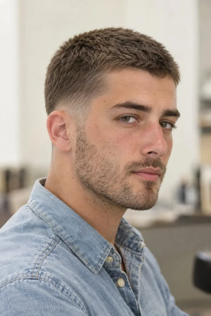 Man with a soft low fade buzz cut and heavy stubble beard, relaxed three-quarter view