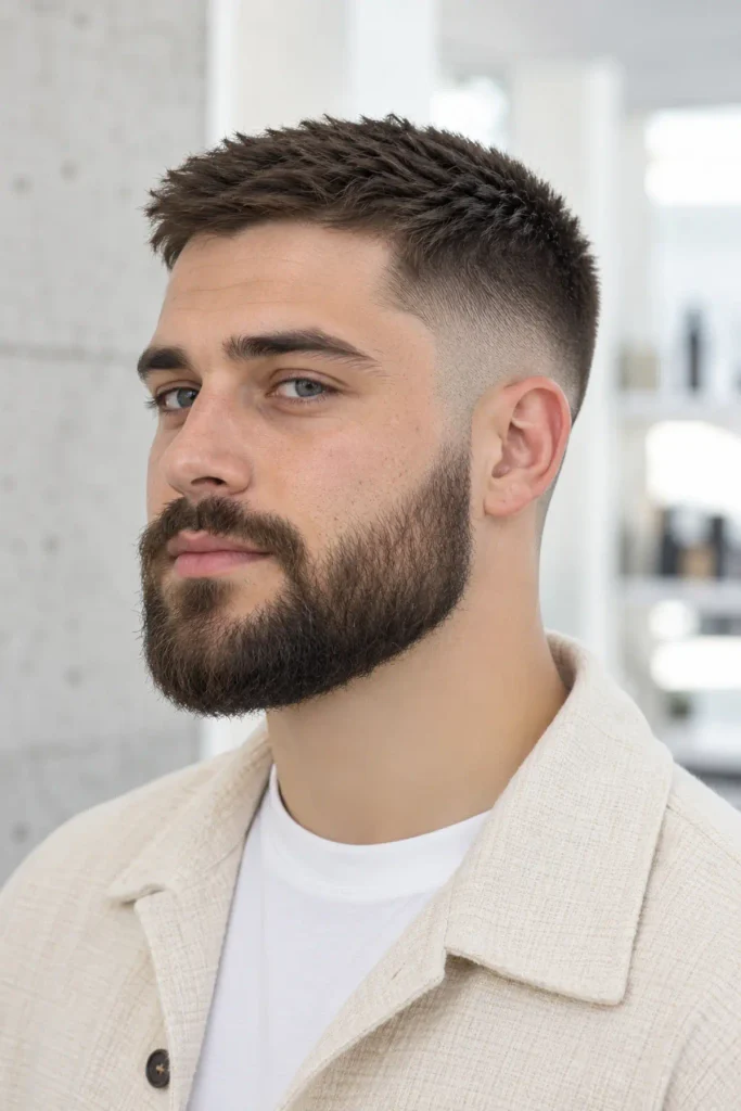 Man with a temple-height mid fade buzz cut connected to an evenly grown full beard, front view