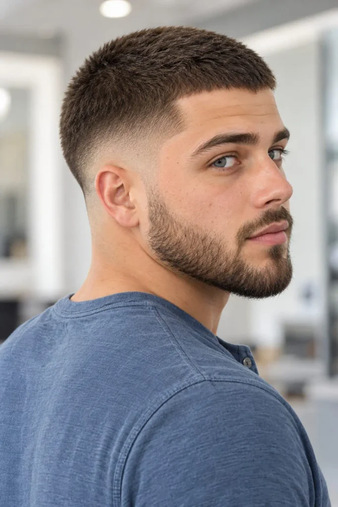 Man with a drop fade dipping lower at the back of the head paired with a full beard, back-side view