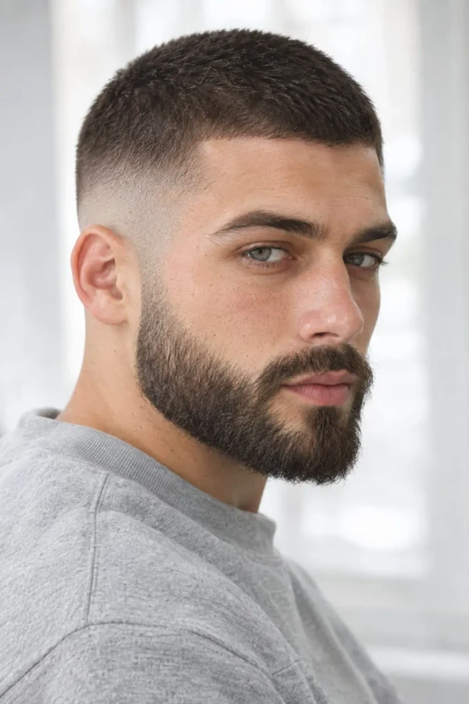 Man with a skin fade buzz cut blended to bare skin next to a full beard on the jaw, side profile