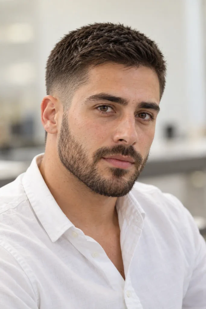 Man with a gentle taper fade buzz cut and neat beard, office-ready groomed look, side view