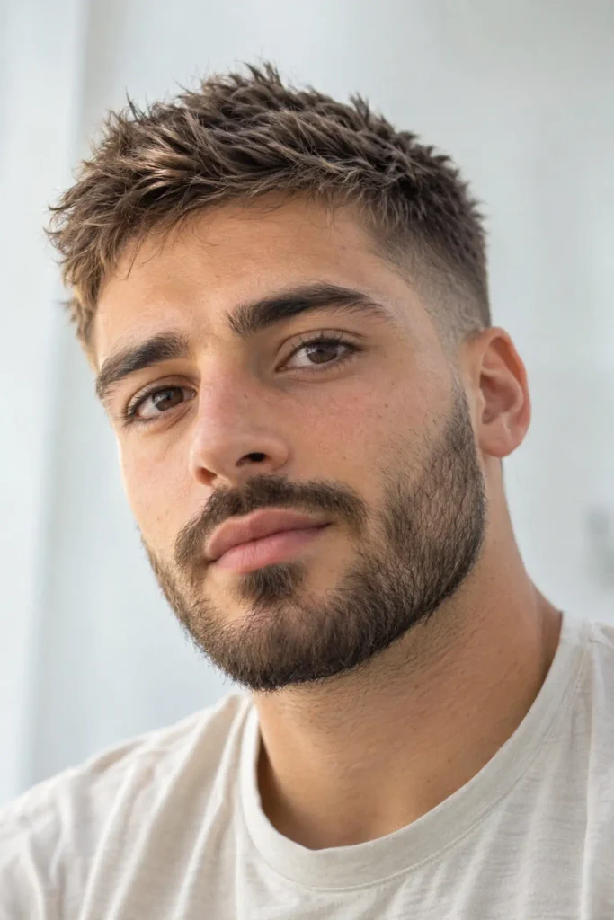 Man with a textured buzz cut showing natural curl on top and a short beard