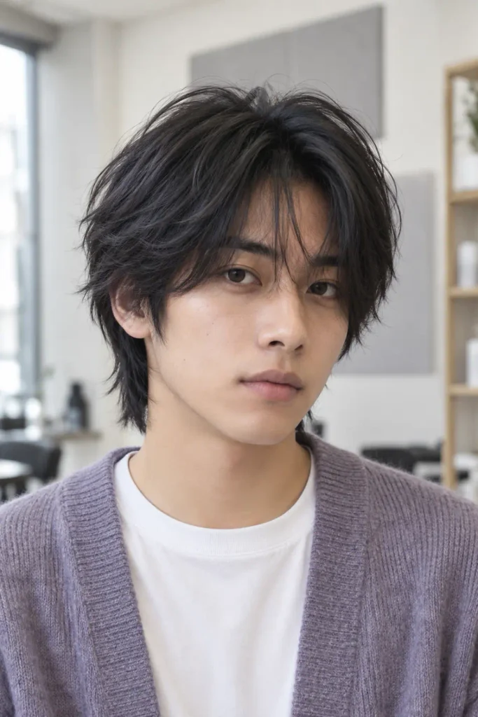 Men's straight hair shag with point-cut layers, an airy fringe, and natural movement