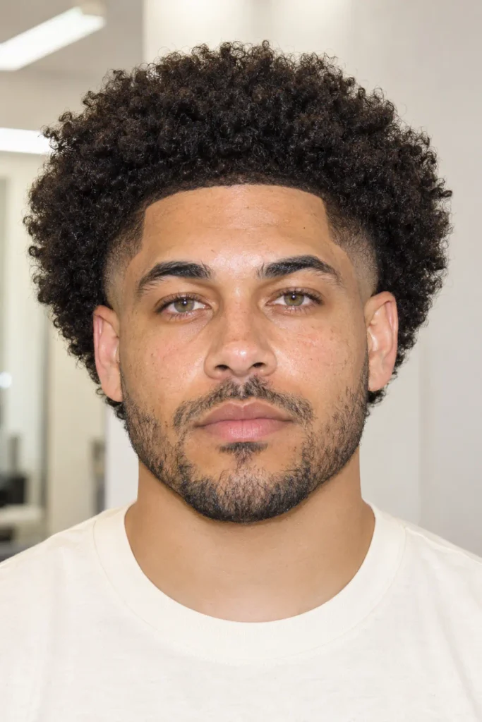 Man with a full natural afro and burst fade, featuring rounded coily volume on top, a clean line-up, and curved faded sides.