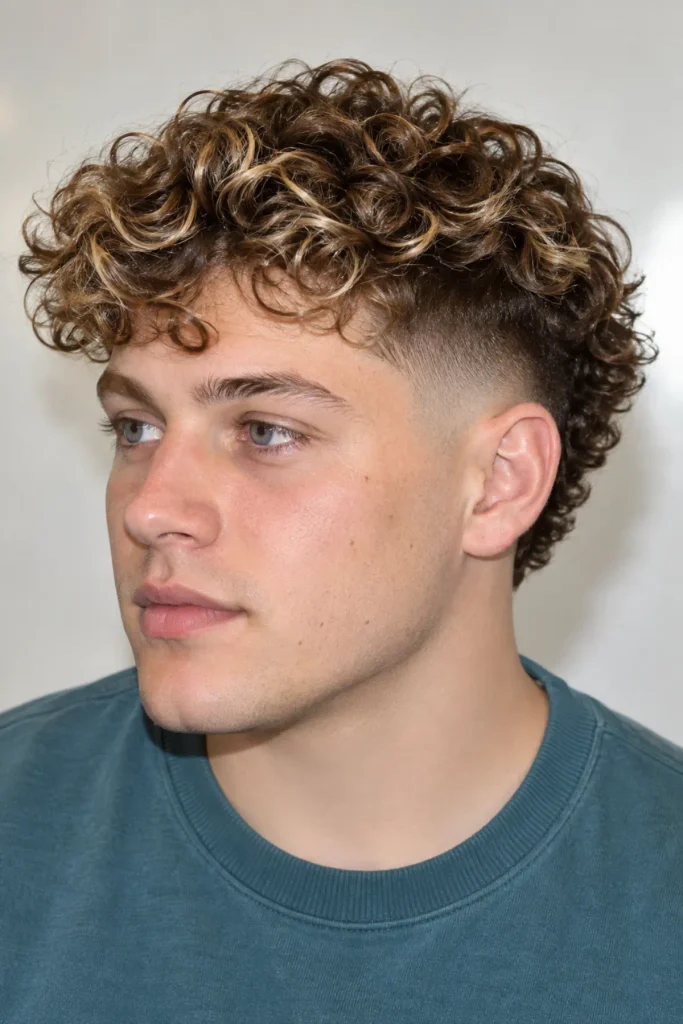 Man with highlighted curly hair and a mid burst fade, featuring lighter blonde curl tips that contrast with the darker faded sides.
