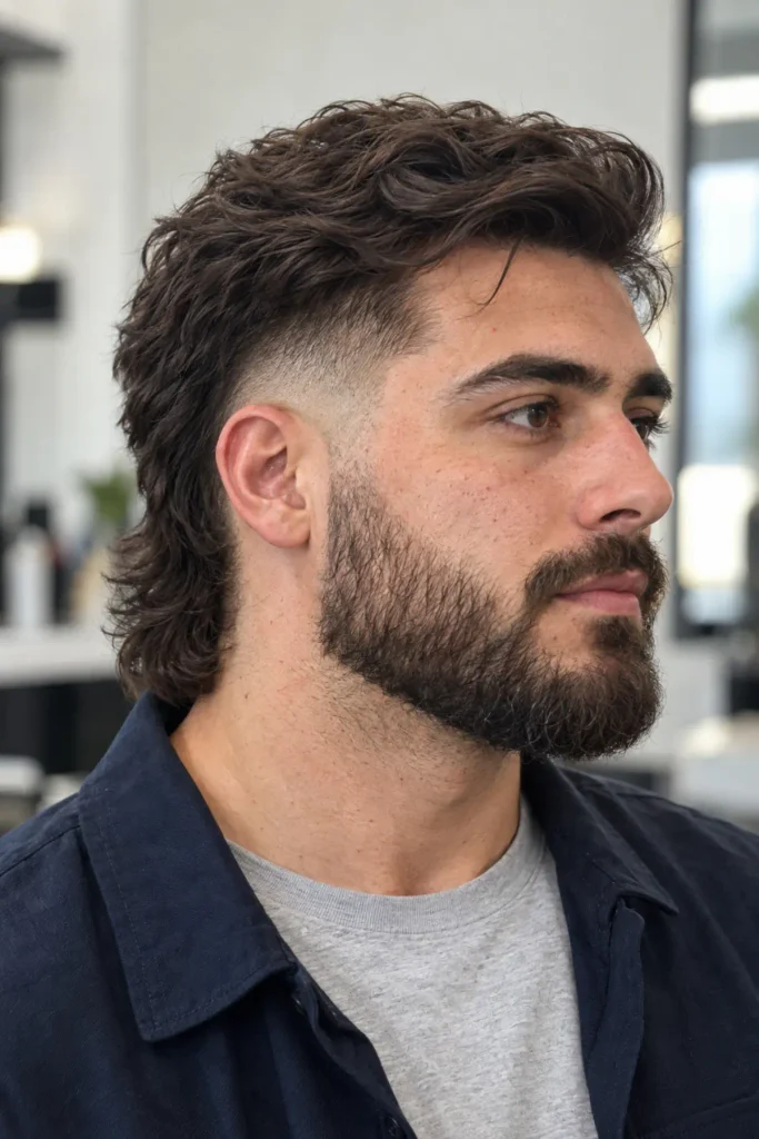 Burst fade mullet with a neatly trimmed beard and a smooth blend between the beard and faded sides