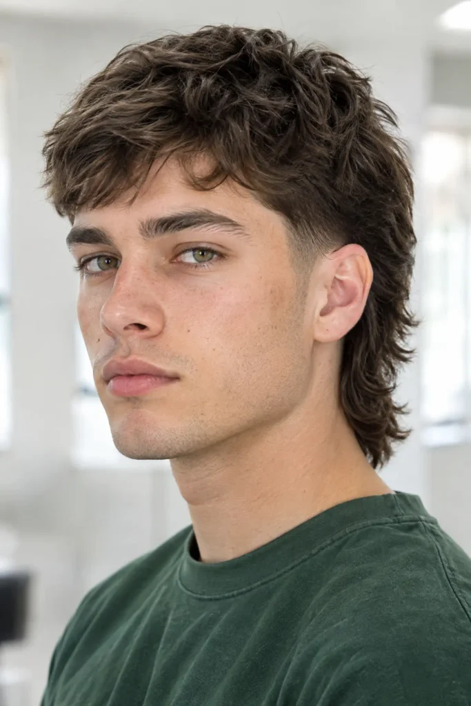 Burst taper mullet for men with subtle curved taper around the ears and natural collar length back