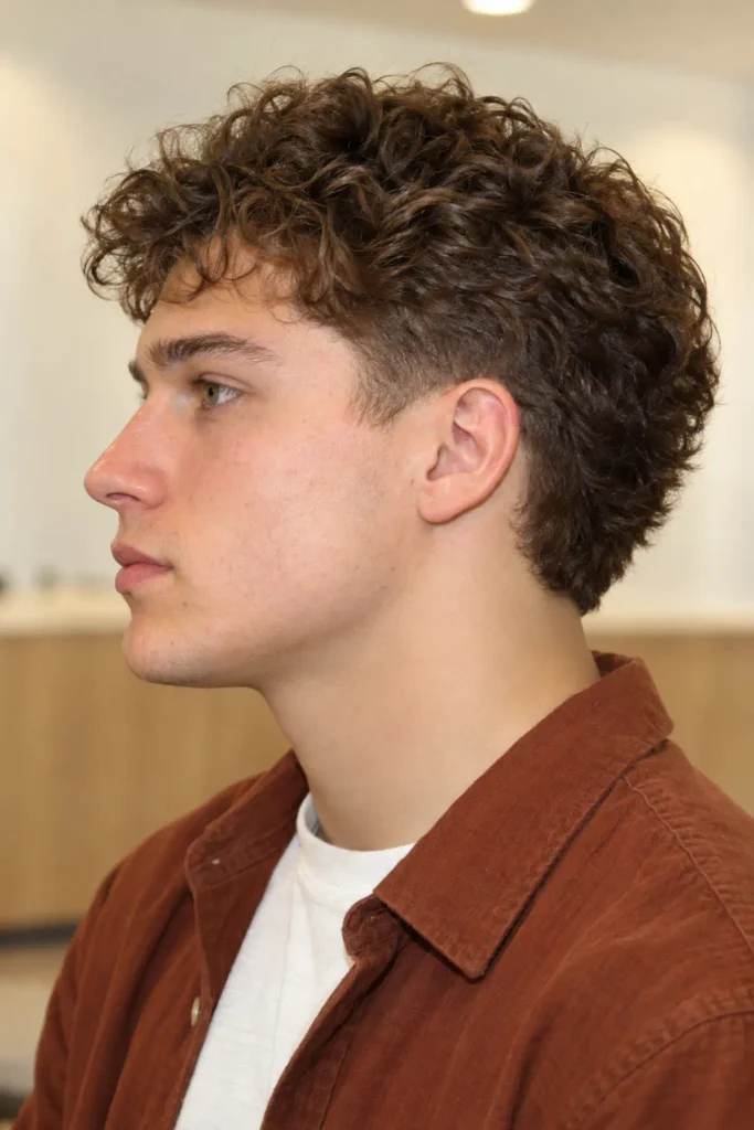 Man with short natural curls and a low burst taper fade, featuring a soft blend around the ears and a clean, understated finish.
