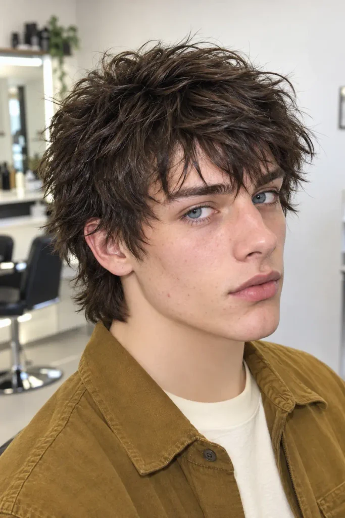 Men's choppy punk shag haircut with separated crown layers and a textured pointed fringe
