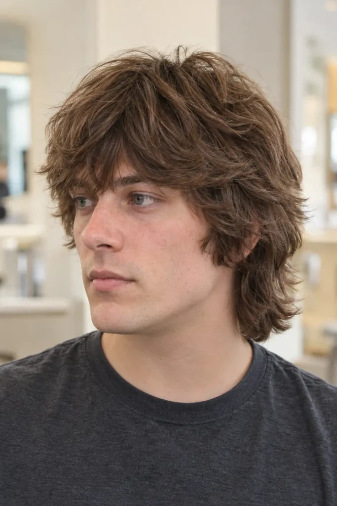 Classic shag haircut for men with feathered layers, thick fringe, and collar-length hair