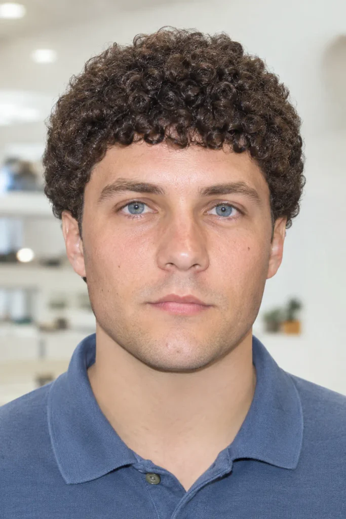 Coily pageboy-inspired haircut for men with a rounded shape and low taper