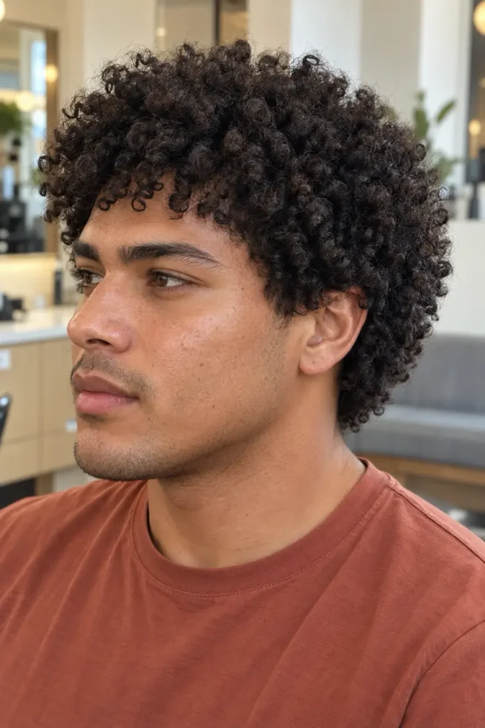 Men's coily textured shag haircut with rounded layers and defined natural coils